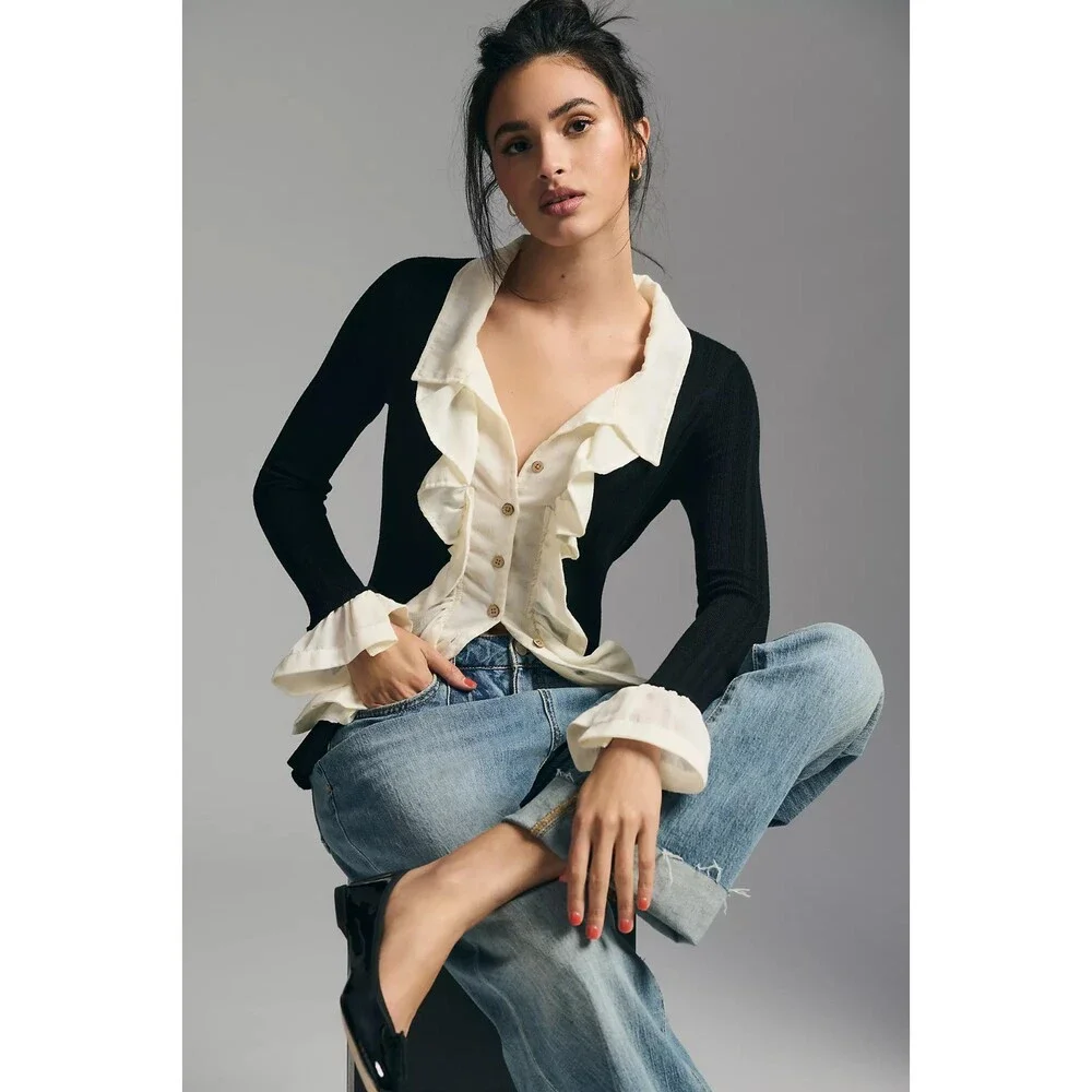 ANTHROPOLOGIE Ruffle Front Cardigan Size S Black Cream Whimsigoth Victorian